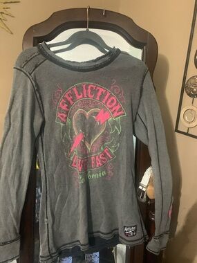 Affliction Gray Long-Sleeve Graphic Top with Pink & Green Heart